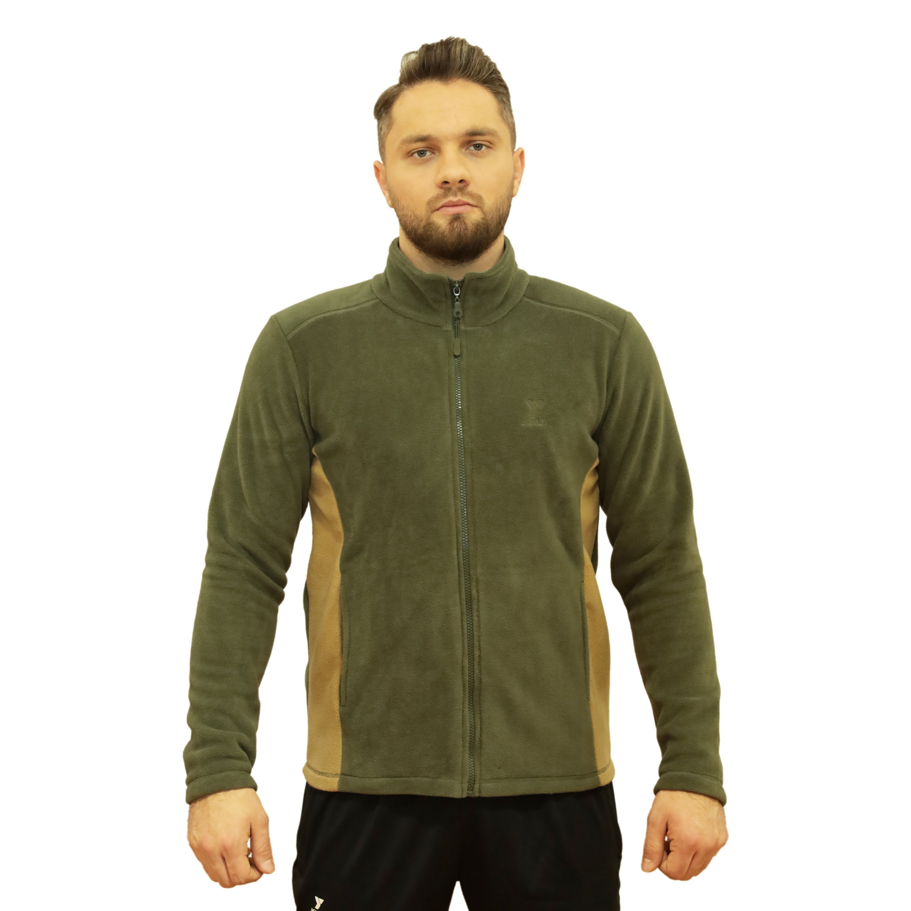Çift Renk Haki-Camel Tam Fermuarlı Unisex Polar